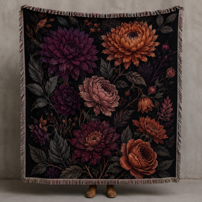 Gothic dark floral woven blanket with burgundy purple and burnt orange chrysanthemums roses and decorative fringe