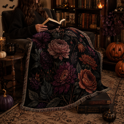 Dark botanical woven blanket wrapped softly over a reader in a cozy Halloween reading nook with pumpkins books and warm candlelight