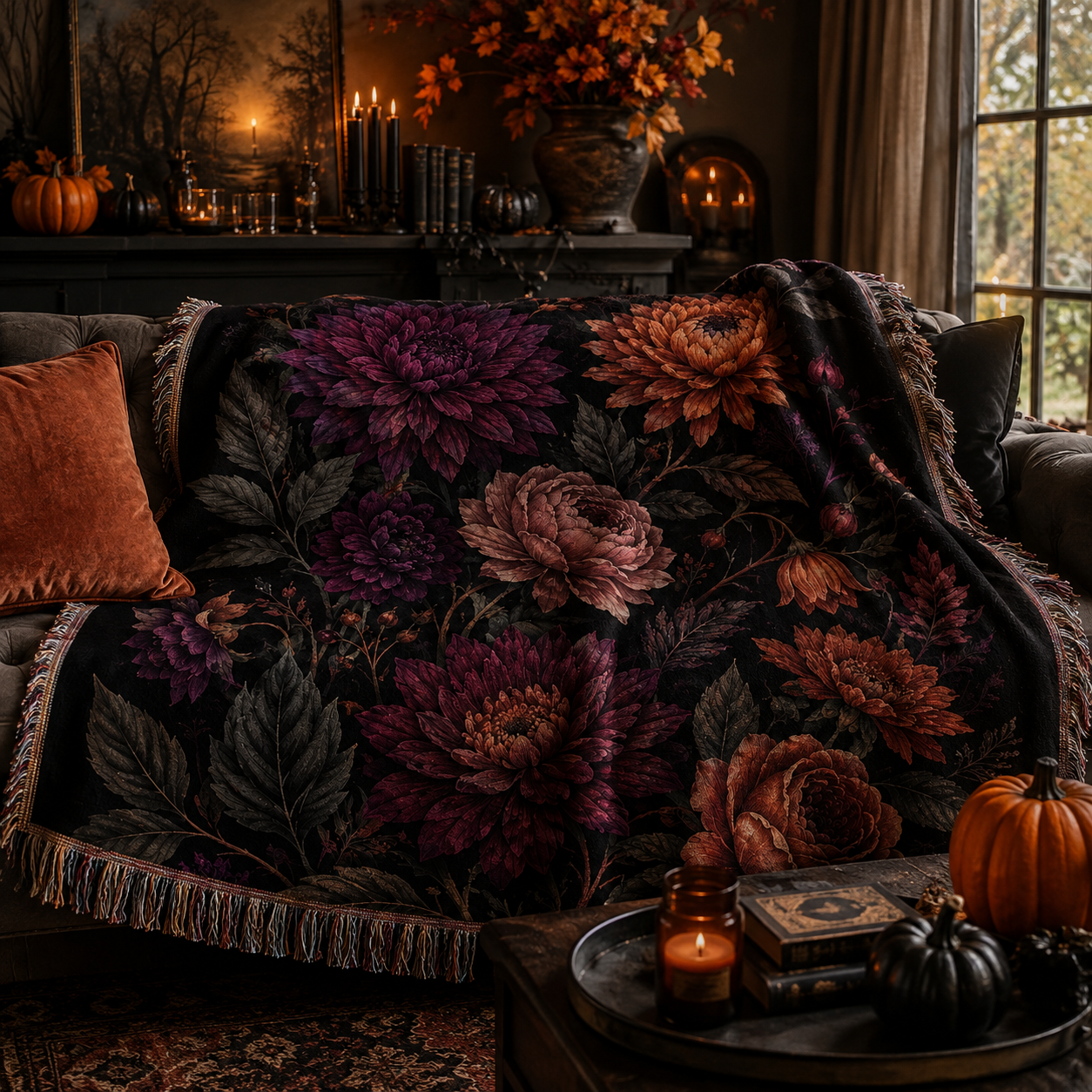 Dark botanical floral woven blanket draped softly over a sofa in a moody Halloween living room with pumpkins and candles
