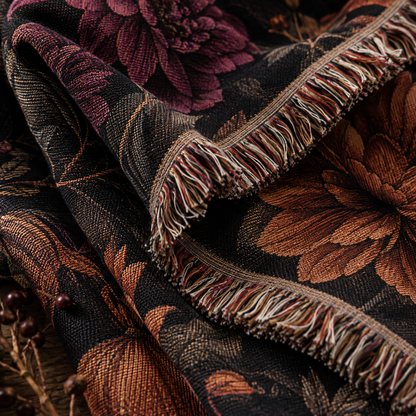 Macro close-up of gothic dark floral woven blanket showing woven yarn texture burgundy orange floral detail and multicolor fringe