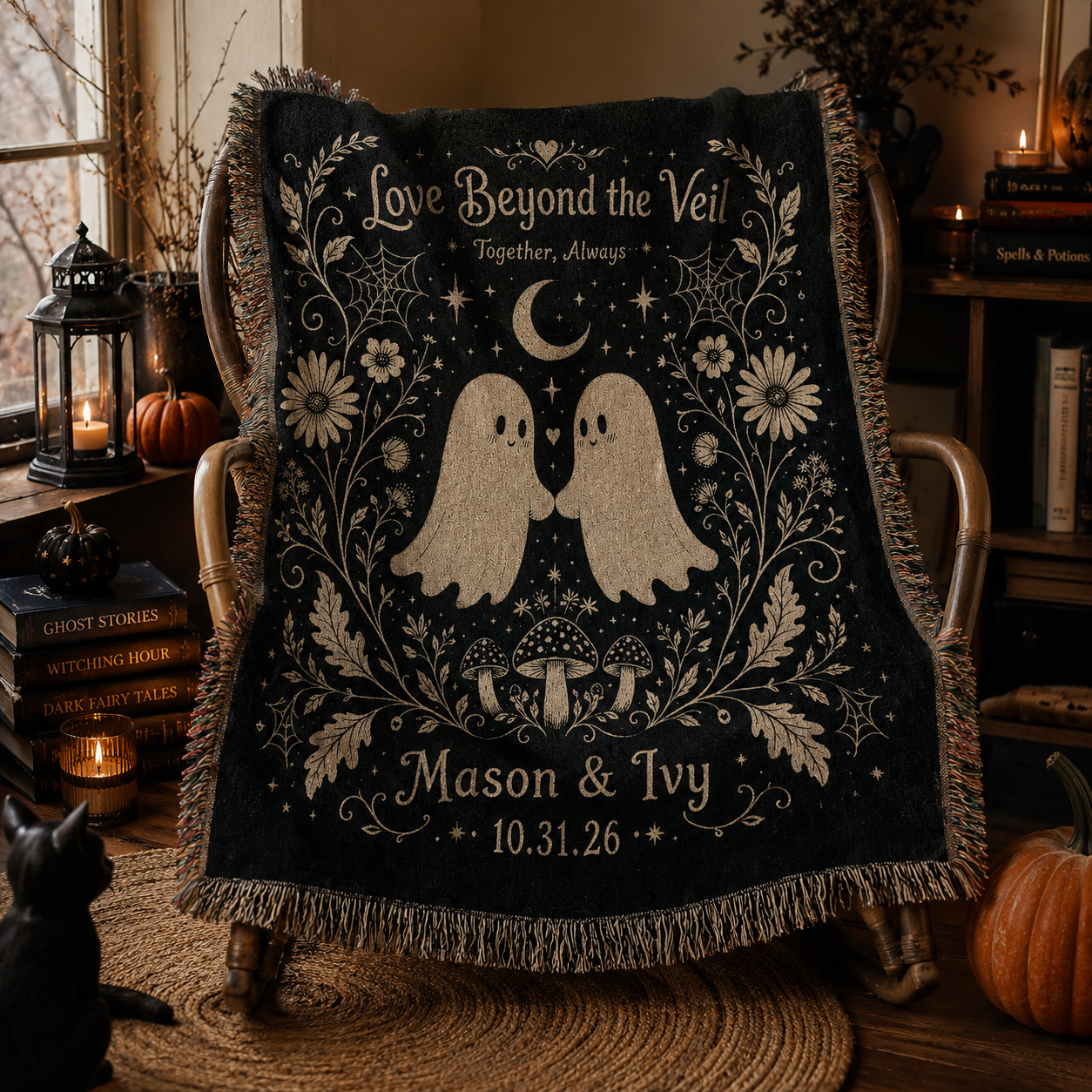 Gothic ghost woven blanket in a Halloween reading nook
