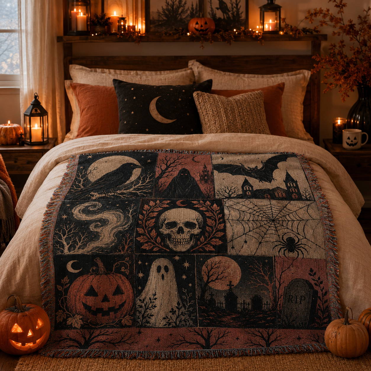 Gothic Halloween woven blanket styled across a cozy bed with autumn pumpkins and warm candlelight