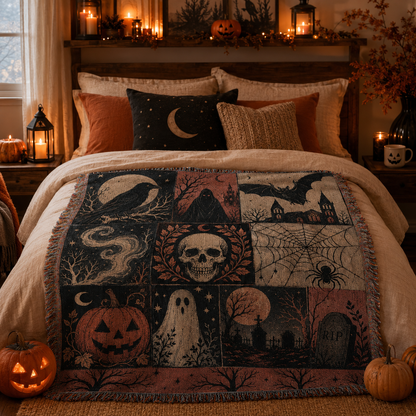 Gothic Halloween woven blanket styled across a cozy bed with autumn pumpkins and warm candlelight
