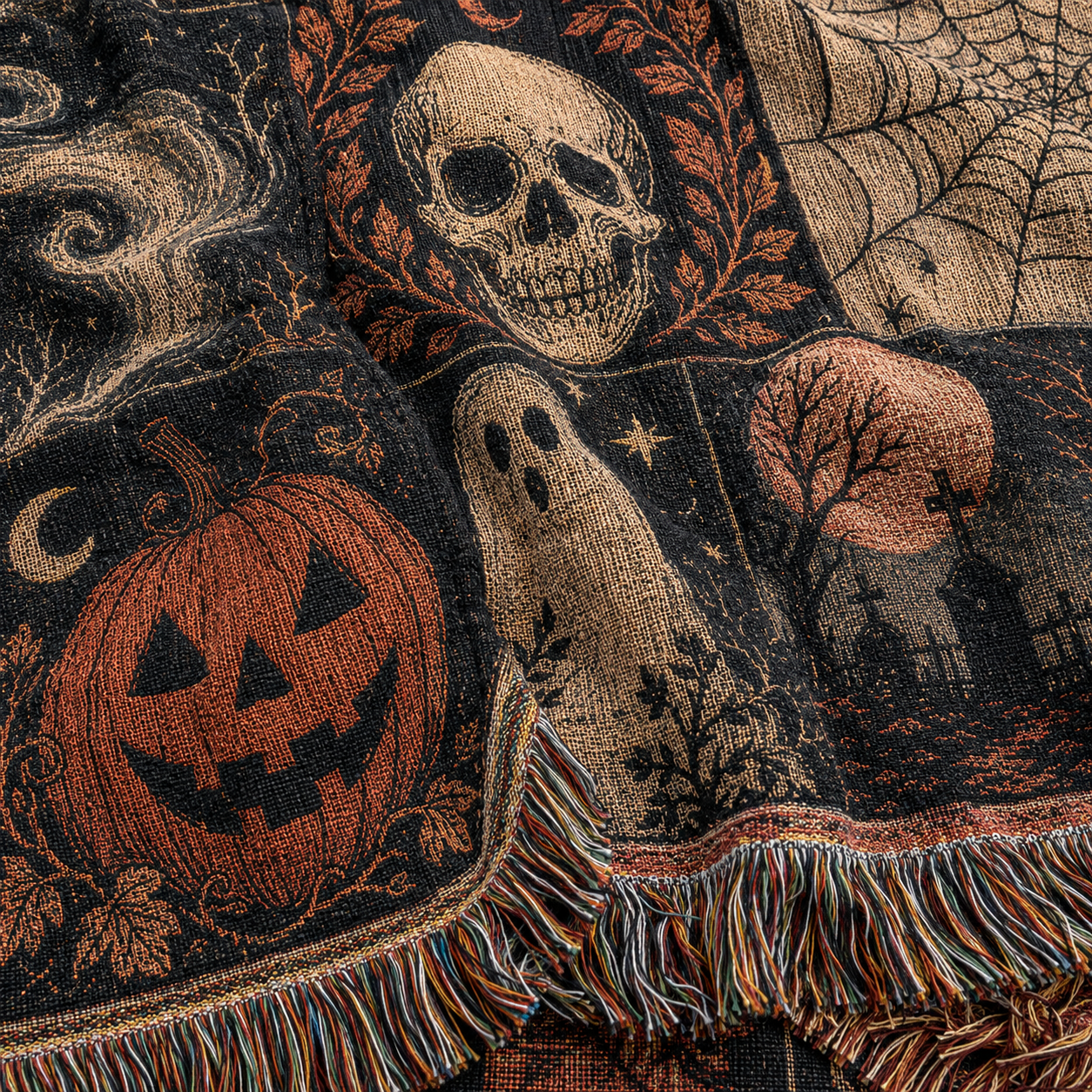 Macro close-up of gothic Halloween woven blanket showing textile threads, skull, pumpkin, ghost and multicolor fringe