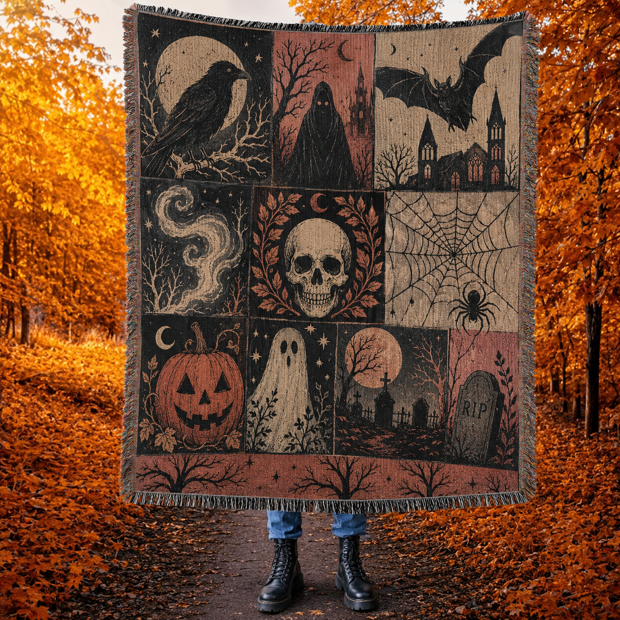 Gothic Halloween woven blanket with raven, skull, ghost, pumpkin, bats, spiderweb and fringe