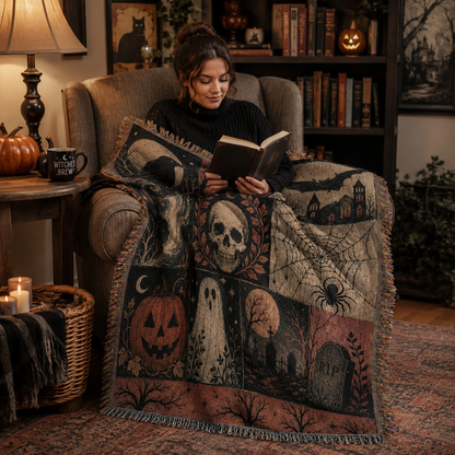 Reader wrapped in a soft gothic Halloween woven blanket with raven, skull, pumpkin and ghost motifs