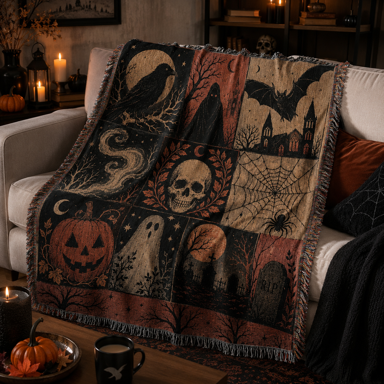 Soft gothic Halloween woven blanket draped on a neutral sofa with pumpkins and candles