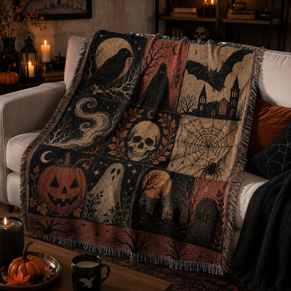 Soft gothic Halloween woven blanket draped on a neutral sofa with pumpkins and candles