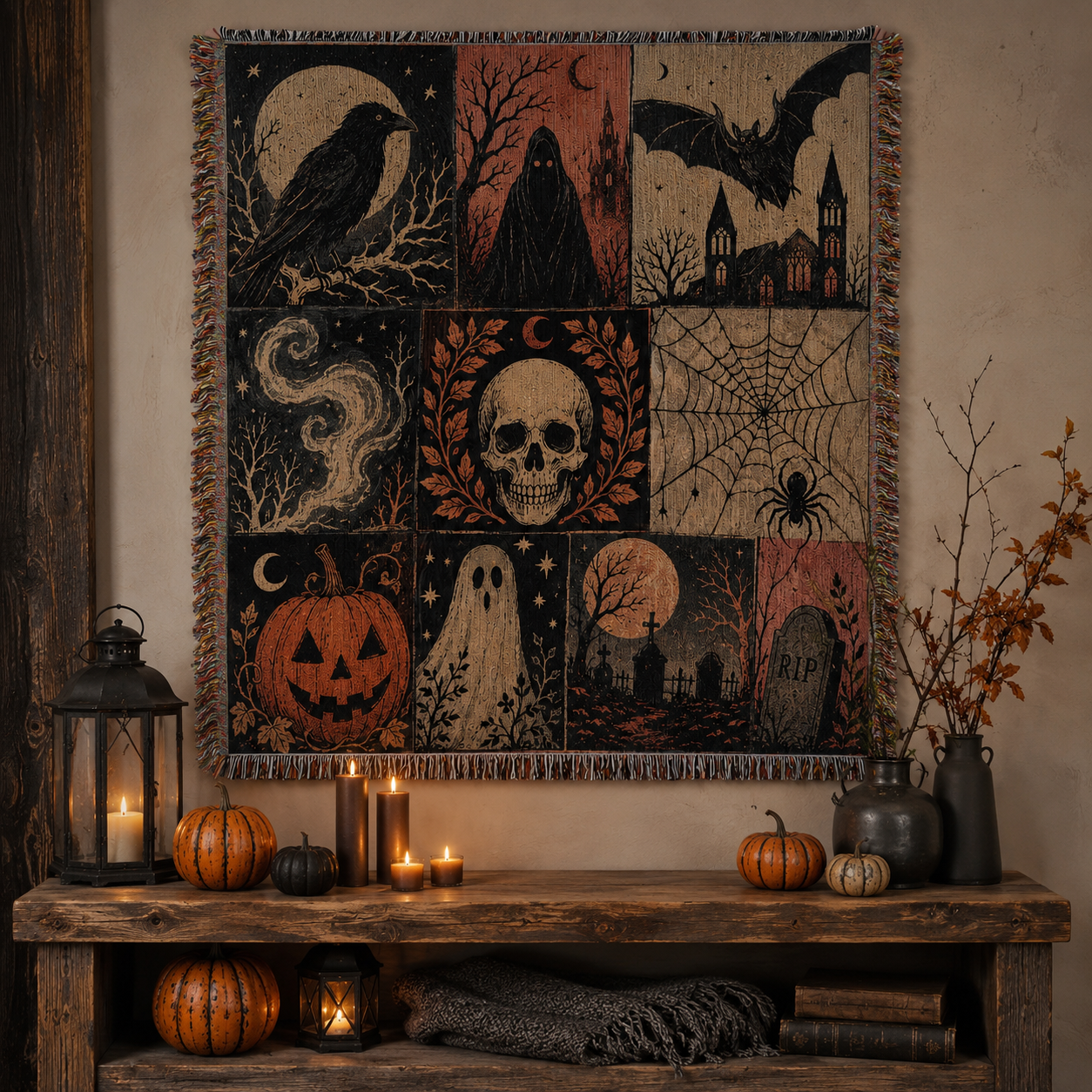 Gothic Halloween woven blanket displayed as wall decor above a rustic console with pumpkins and lanterns