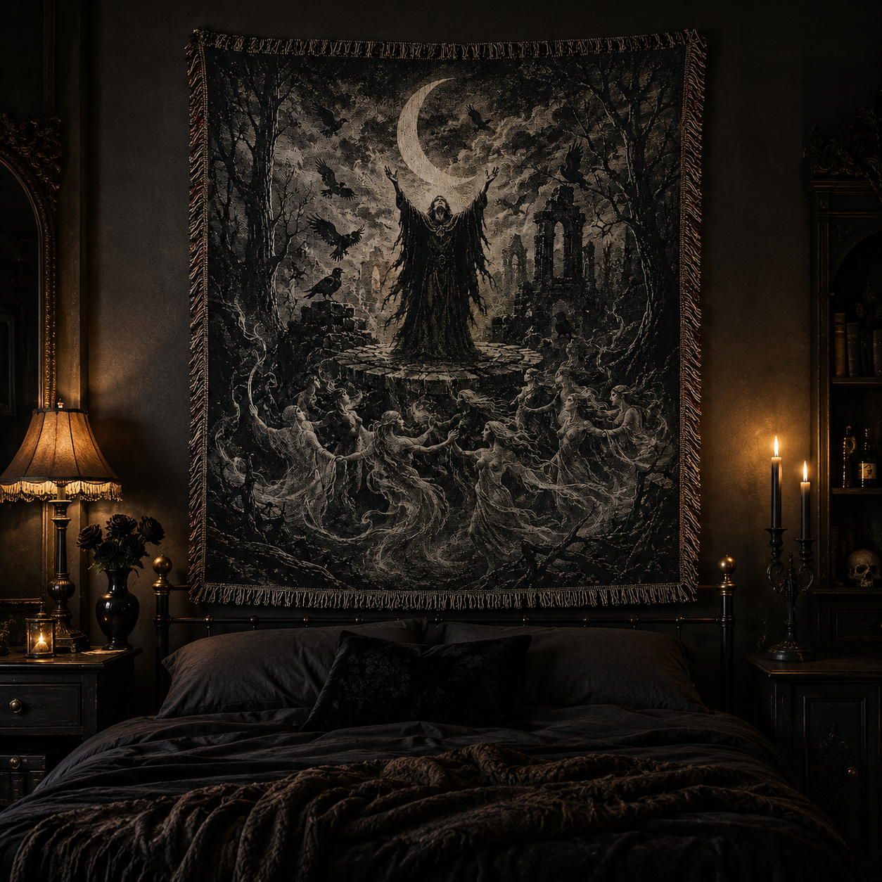 Gothic moon woven blanket displayed as dark bedroom wall decor