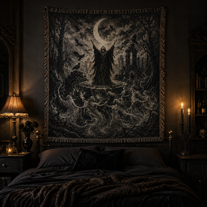 Gothic moon woven blanket displayed as dark bedroom wall decor