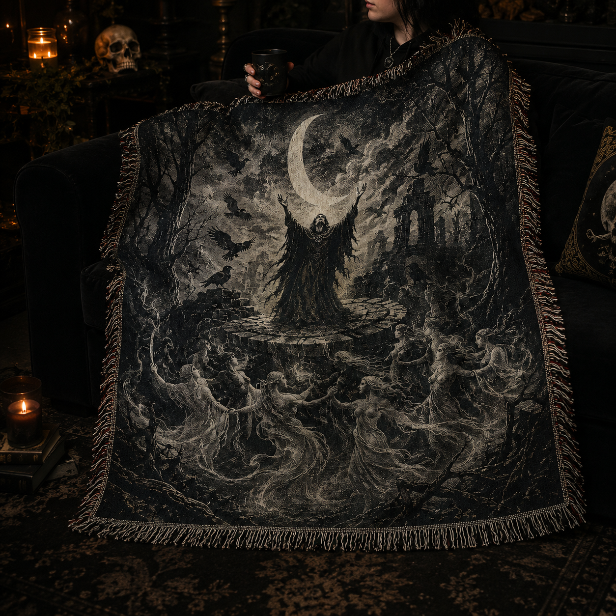 Person relaxing with a gothic moon ritual woven throw blanket