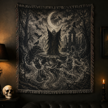 Gothic moon ritual woven throw blanket with ravens and spectral dancers