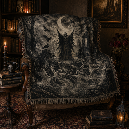 Gothic woven blanket draped over a vintage reading chair