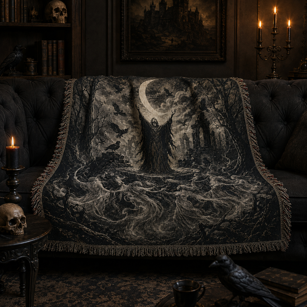 Gothic woven throw blanket styled on a dark tufted sofa