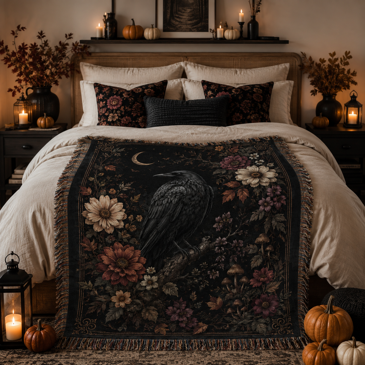 Gothic raven woven blanket styled across a cozy autumn Halloween bedroom