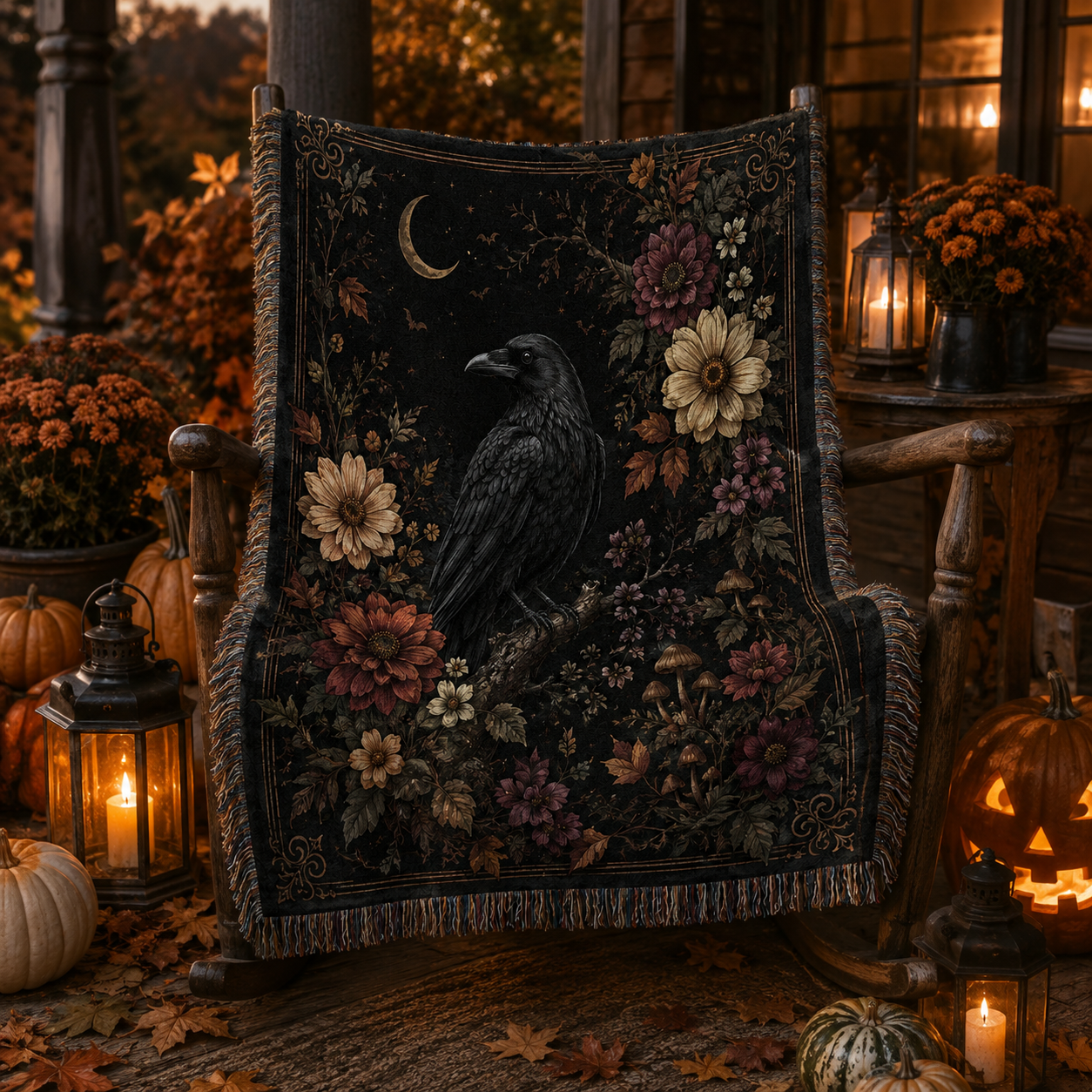 Gothic raven floral woven blanket displayed on a rustic Halloween porch chair