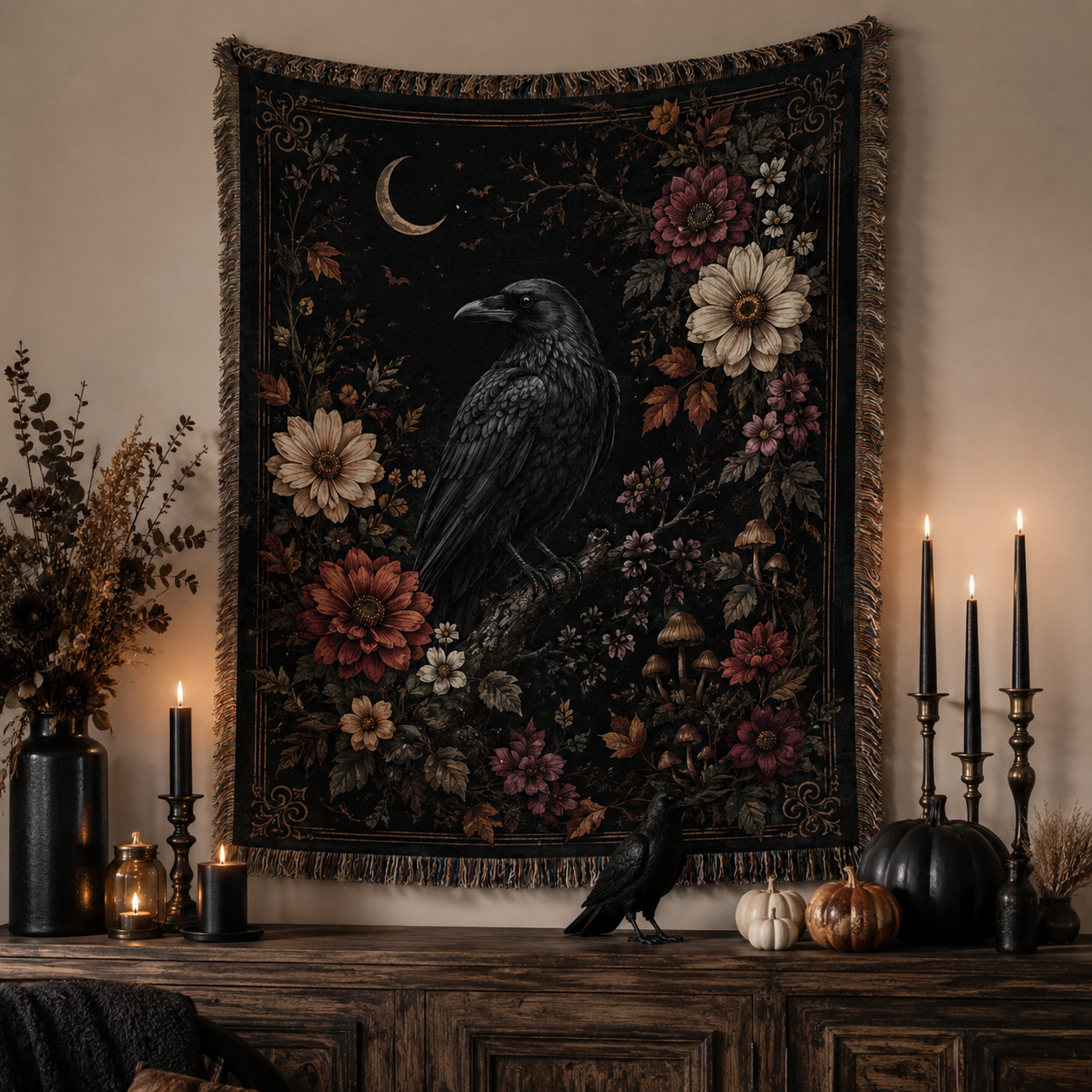 Gothic raven woven blanket hanging as elegant Halloween wall decor