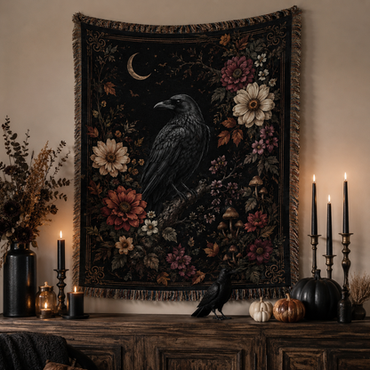 Gothic raven woven blanket hanging as elegant Halloween wall decor