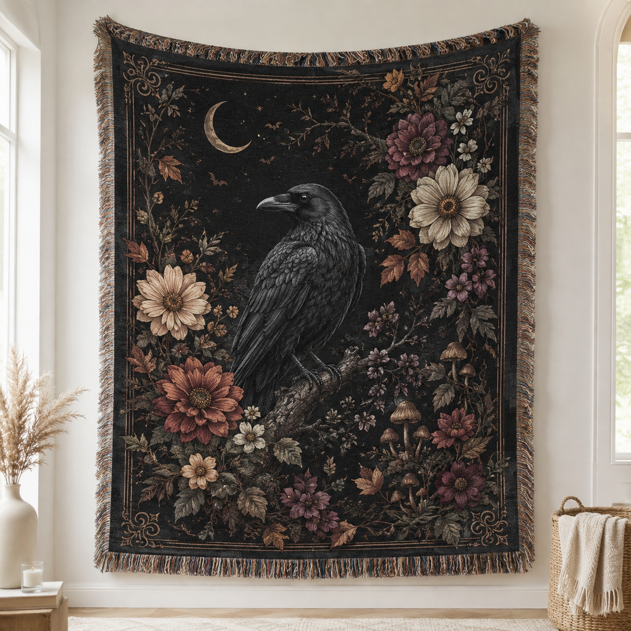 Gothic raven floral woven blanket with crescent moon, autumn flowers, mushrooms and fringe