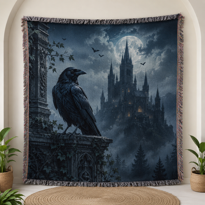 Gothic raven woven blanket with haunted castle full moon bats and fringed edges