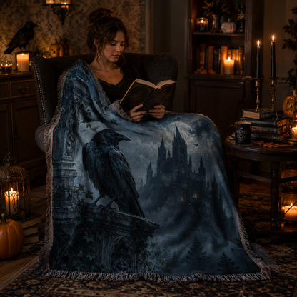 Reader wrapped in soft gothic raven haunted castle woven blanket in cozy candlelit Halloween reading nook