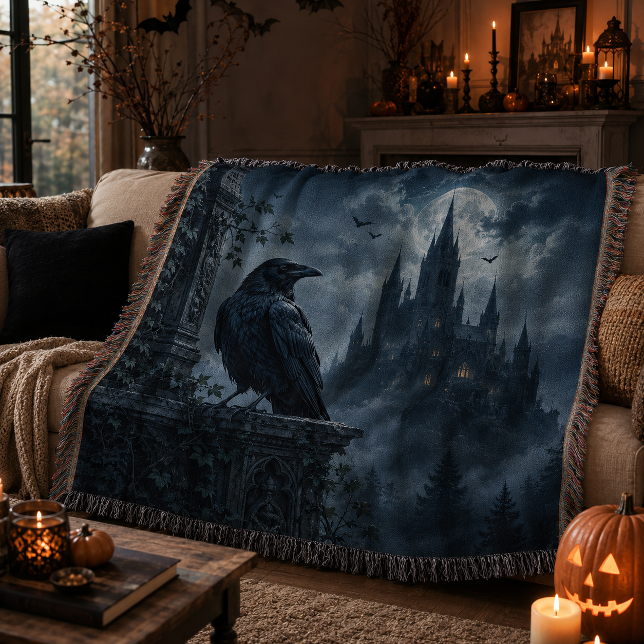 Gothic raven haunted castle woven blanket draped softly over sofa in candlelit Halloween living room