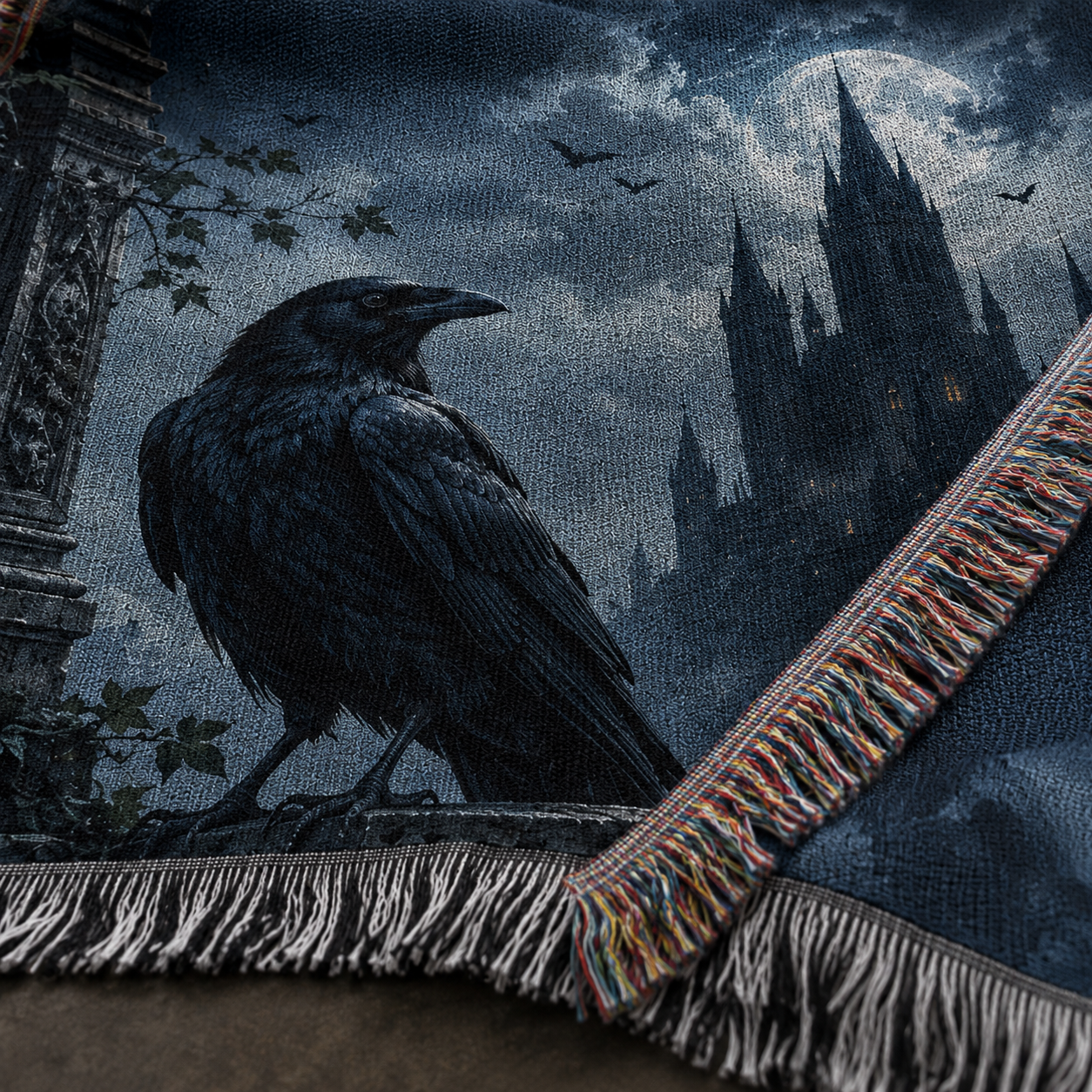 Macro close up of gothic raven haunted castle woven blanket showing woven yarn texture and multicolor fringe