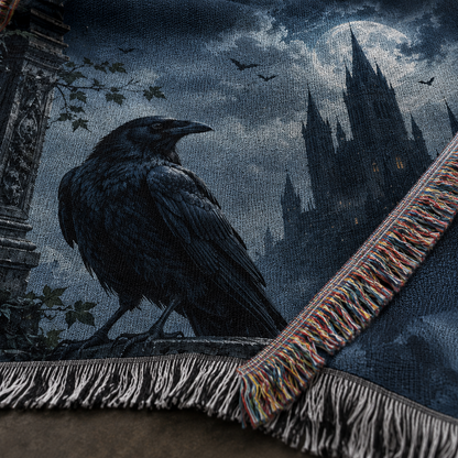 Macro close up of gothic raven haunted castle woven blanket showing woven yarn texture and multicolor fringe
