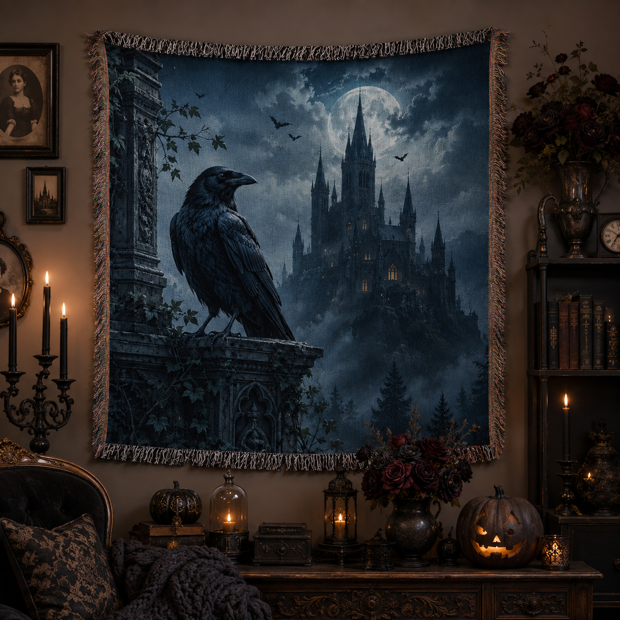 Gothic raven haunted castle woven blanket displayed as Halloween wall decor with candles pumpkins and fringe
