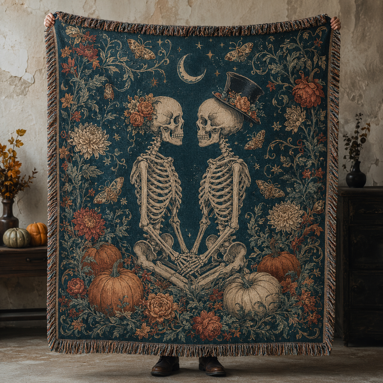 Gothic skeleton couple woven blanket with crescent moon, moths, autumn flowers and pumpkins