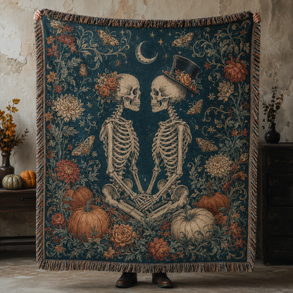 Gothic skeleton couple woven blanket with crescent moon, moths, autumn flowers and pumpkins
