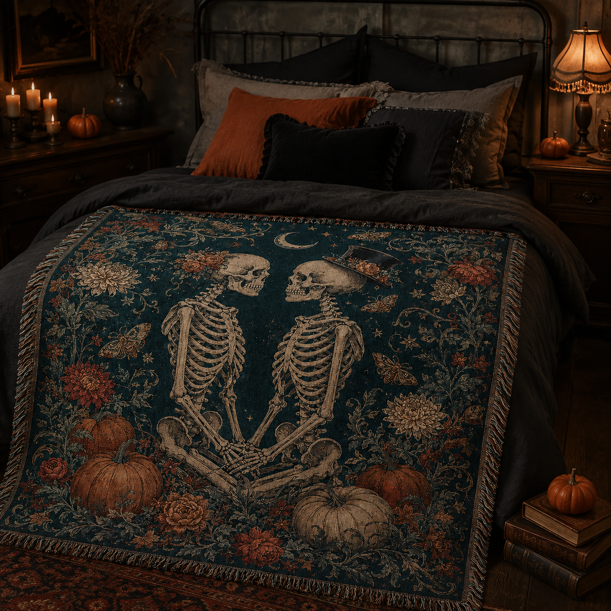 Gothic skeleton couple Halloween woven blanket displayed across a candlelit dark bedroom