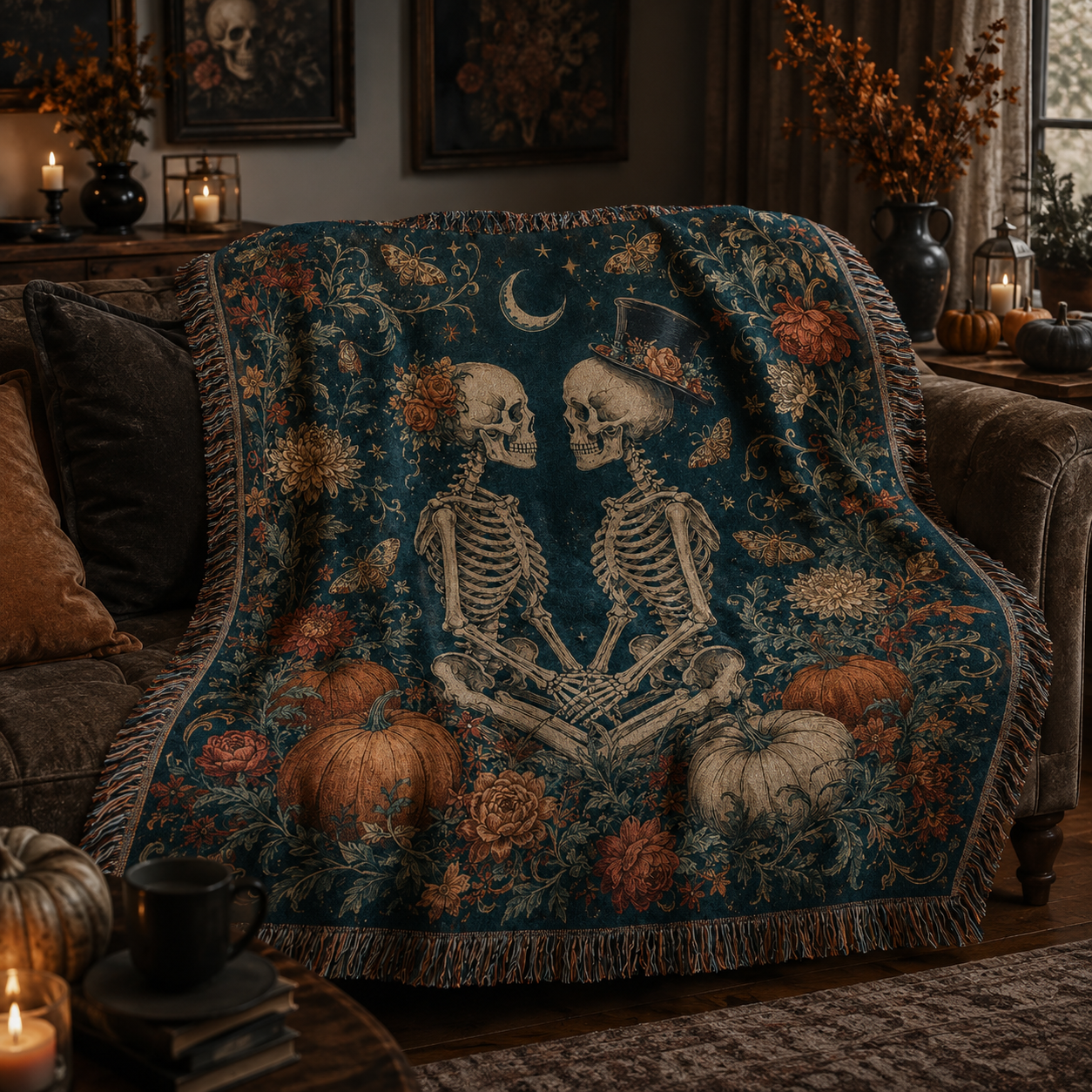 Gothic skeleton couple woven blanket styled on a dark sofa with candles and Halloween pumpkins
