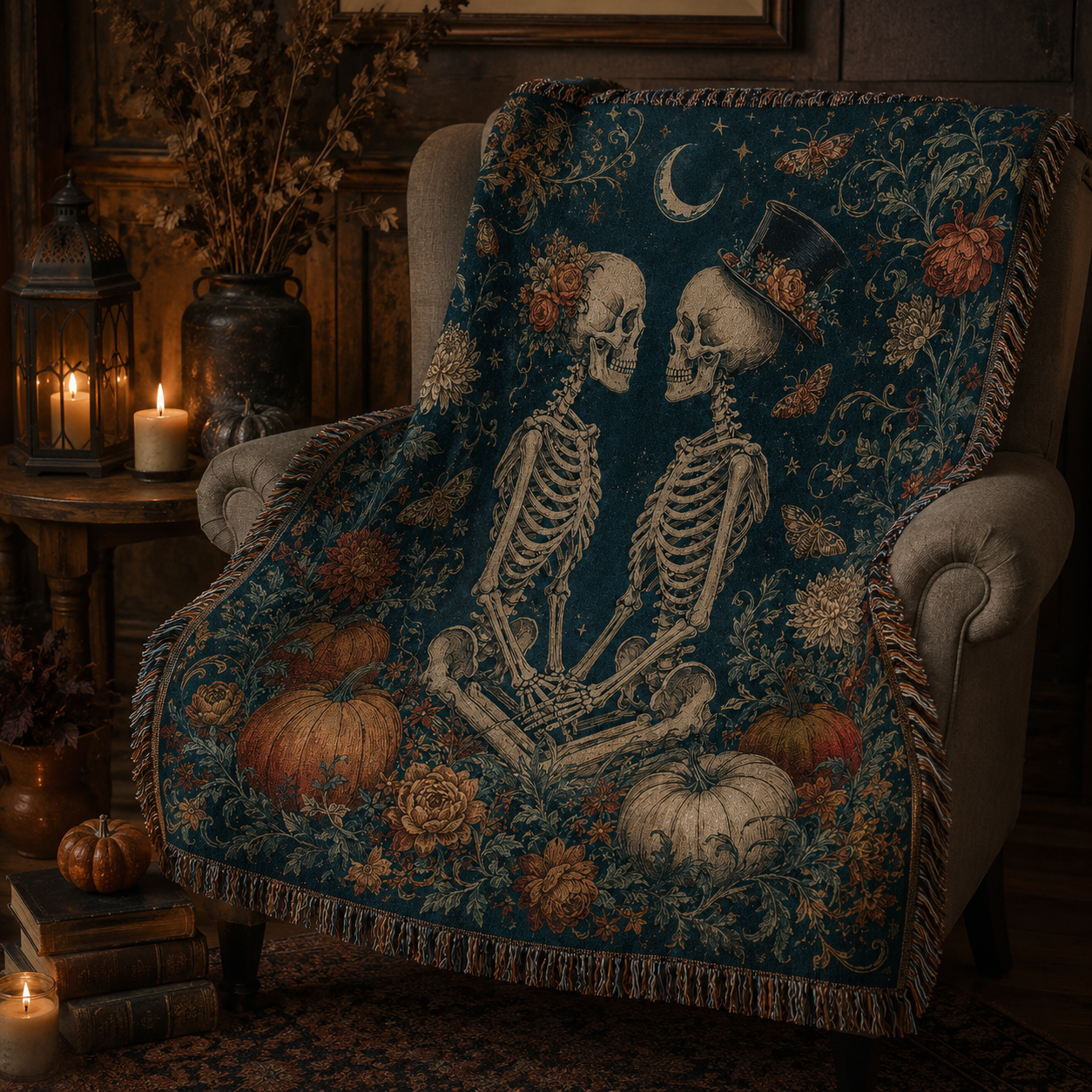 Gothic skeleton couple woven blanket draped over an armchair in a candlelit autumn reading nook