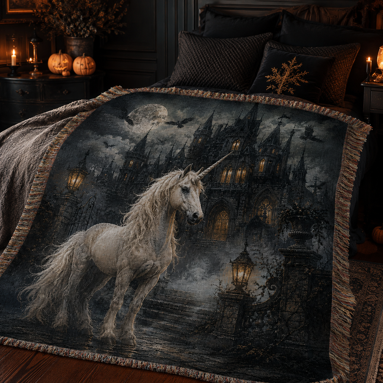 Gothic unicorn haunted castle woven blanket styled across a moody Halloween bedroom with soft folds and fringe