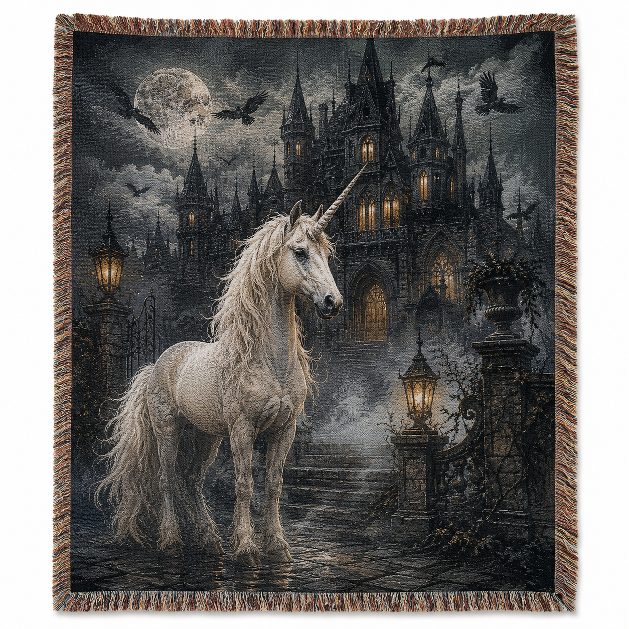 Gothic unicorn haunted castle woven blanket with full moon ravens lanterns and multicolor fringe