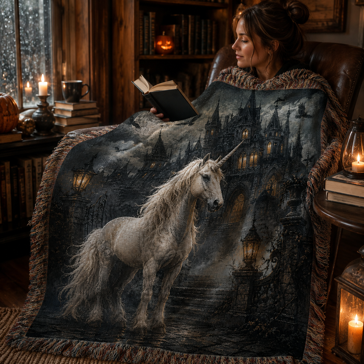 Reader wrapped in a soft gothic unicorn haunted castle woven blanket in a cozy Halloween reading nook