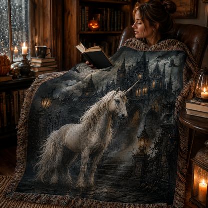 Reader wrapped in a soft gothic unicorn haunted castle woven blanket in a cozy Halloween reading nook