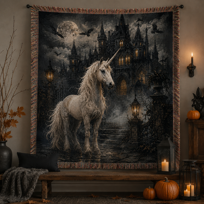Gothic unicorn haunted castle woven blanket displayed as Halloween wall decor with lanterns pumpkins and fringe