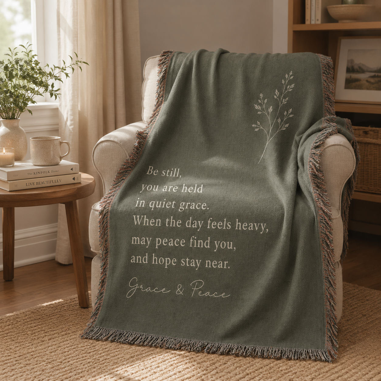Grace and Peace sage green inspirational woven blanket draped over a cozy armchair