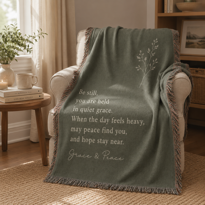 Grace and Peace sage green inspirational woven blanket draped over a cozy armchair