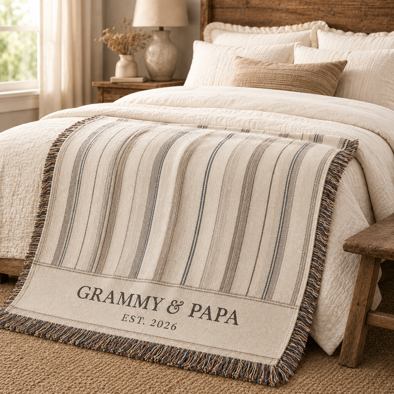 Personalized Grammy and Papa woven blanket styled across a cozy farmhouse bed