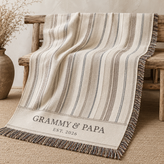 Personalized Grammy and Papa woven blanket with neutral farmhouse stripes and fringe