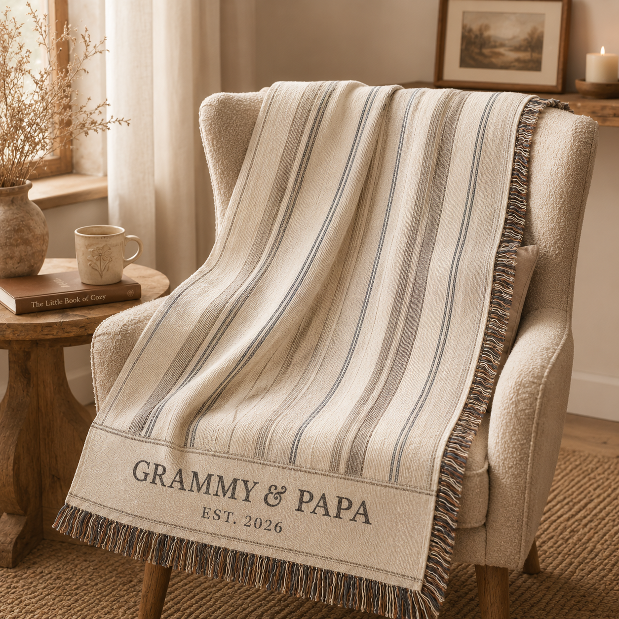 Personalized Grammy and Papa woven blanket draped over a cozy reading chair