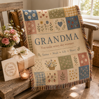 Personalized Grandma patchwork woven blanket displayed with flowers and gift box