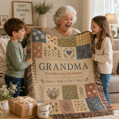 Grandma receiving personalized patchwork woven blanket from grandchildren