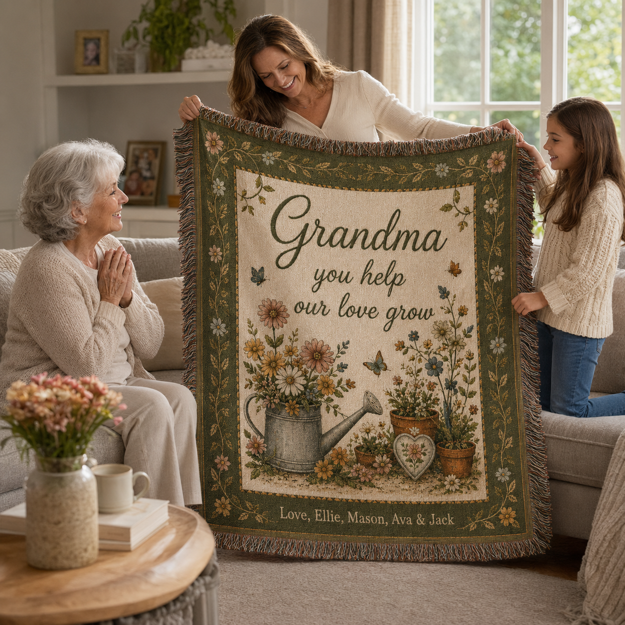 Grandma receiving personalized garden woven blanket from daughter and granddaughter