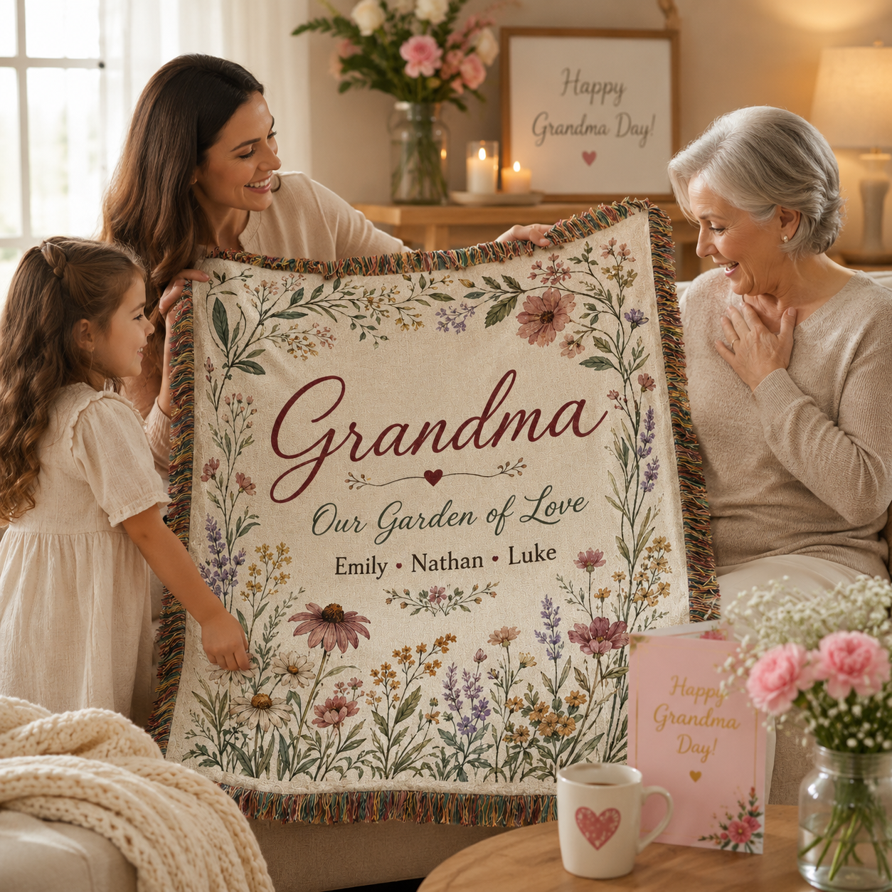Grandma receiving personalized garden woven blanket from daughter and grandchild