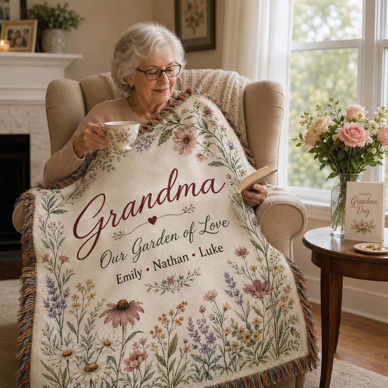 Grandma reading while wrapped in personalized floral woven blanket